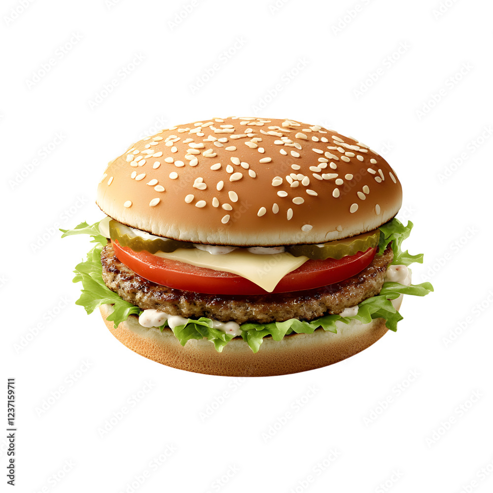Delicious Hamburger with Cheese, Tomato, and Lettuce Isolated on Transparent Background Delicious Hamburger with Cheese, Tomato, and Lettuce Isolated on Transparent Background