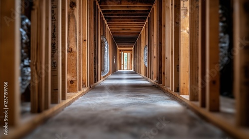 Wooden frames create a long corridor during construction, with natural light illuminating the space at the far end, highlighting the unfinished structure and flooring