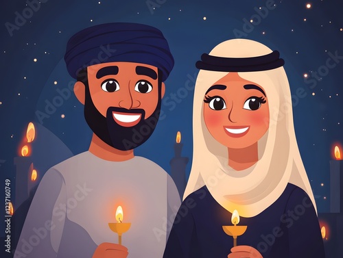 Fictional Arab Couple with Arab candles. Arab American heritage month