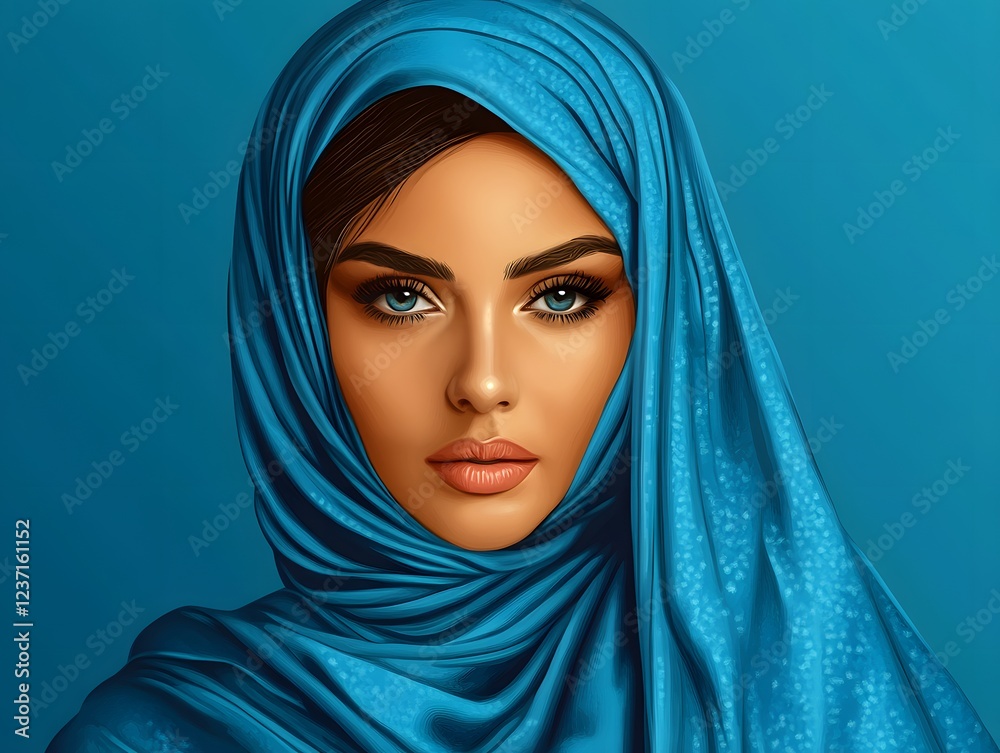 Naklejka premium Fictional Arab woman with headscarf. American Heritage Month or Ramadam kareem Blue banner