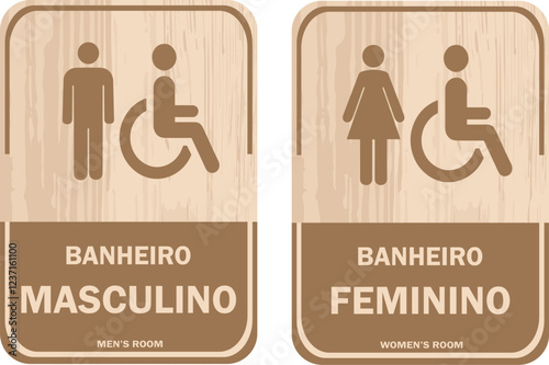 Placa para Banheiros Masculino e Feminino. Estilo Rústico. Com Textura de Madeira Rosa.