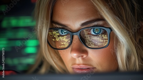 Close-up of a woman focused on her work at a computer, with bright lines of code reflecting in her stylish eyewear. setting is a dark environment adding to the ambiance of concentration