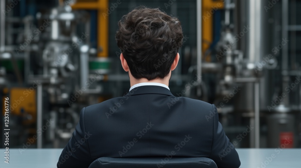 professional dressed in a suit sits with his back to the viewer, focusing on intricate industrial machinery in a modern facility. setting suggests a high-stakes meeting professional dressed in a suit sits with his back to the viewer, focusing on intricate industrial machinery in a modern facility. setting suggests a high-stakes meeting