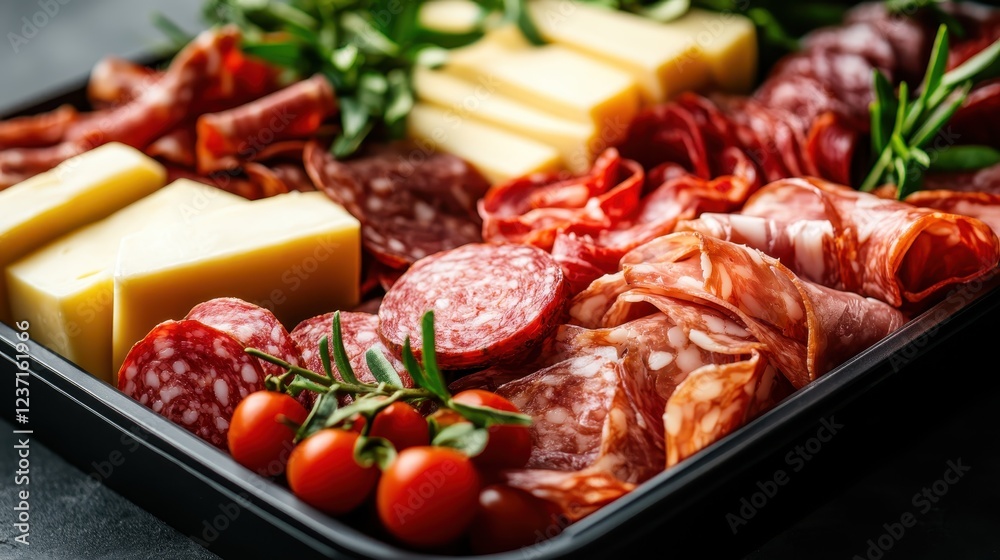 An elegant charcuterie board featuring a selection of cured meats, cheeses, fresh tomatoes, and herbs, offering a beautiful arrangement for any gathering or celebration. An elegant charcuterie board featuring a selection of cured meats, cheeses, fresh tomatoes, and herbs, offering a beautiful arrangement for any gathering or celebration.