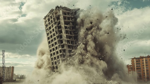 Dramatic Building Demolition with Dust and Debris Cloud in Urban Area