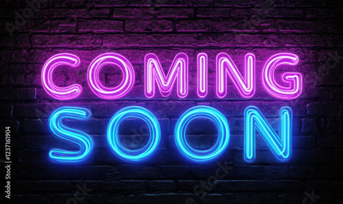 Vibrant neon coming soon sign glowing on a dark