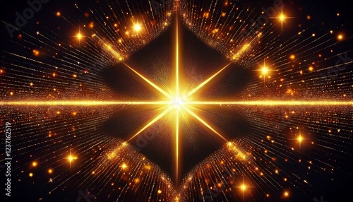 a star shines brightly with golden glowing particles surrounding it in the darkness of space golden glowing