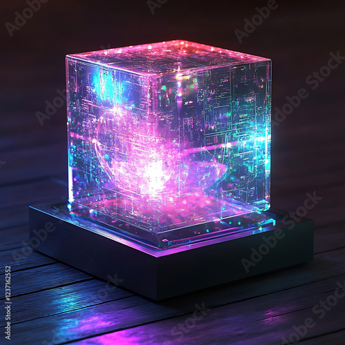 A glowing, levitating cube displaying animated story chapters that rotate and shift with touch. 