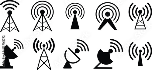 Radio antenna icon. Communication towers collection. Radio tower icons. Transmitter receiver wireless signal icons, wifi tower