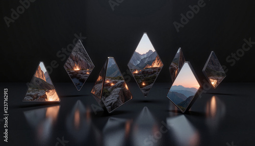 Floating triangular mirrors reflecting landscapes in dark aesthetic, surrealism