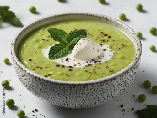 A creamy green vegetable soup with fresh peas and mint leaves. A hearty, dairy-free plant-based dish that is also low in carbs. photo