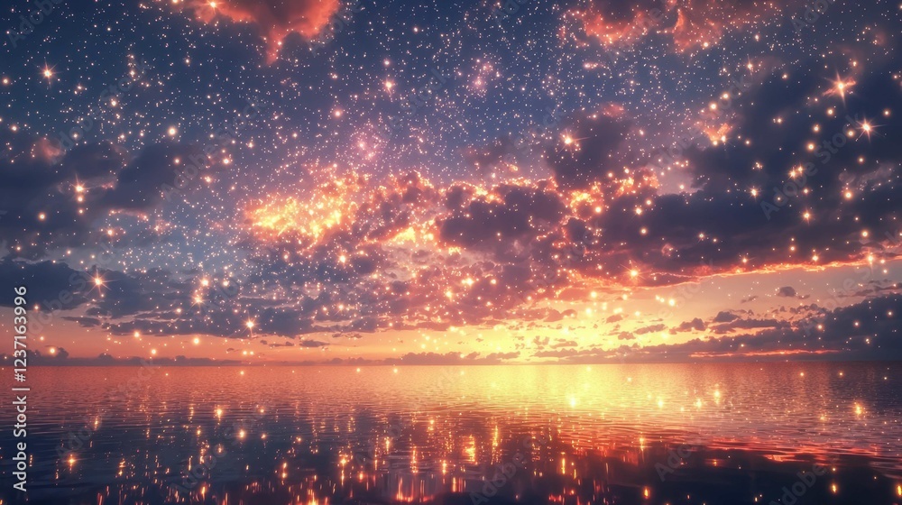 Fototapeta premium Serene Sunset Over Calm Water with Stars and Clouds in Sky