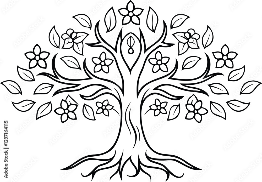 Obraz premium Intricate Tree of Life with Roots and Branches Line Art Vector Design