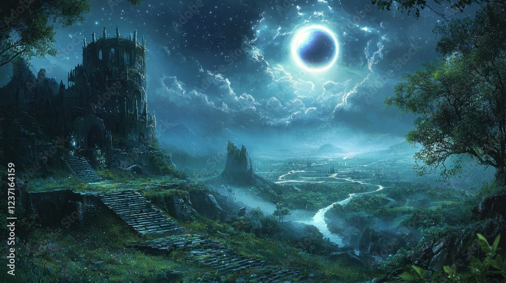 Obraz premium Mysterious Fantasy Landscape with Ruins and Celestial Phenomenon