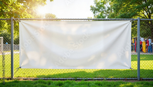 Empty playground with vinyl banner on chain-link fence, school branding, Mockup