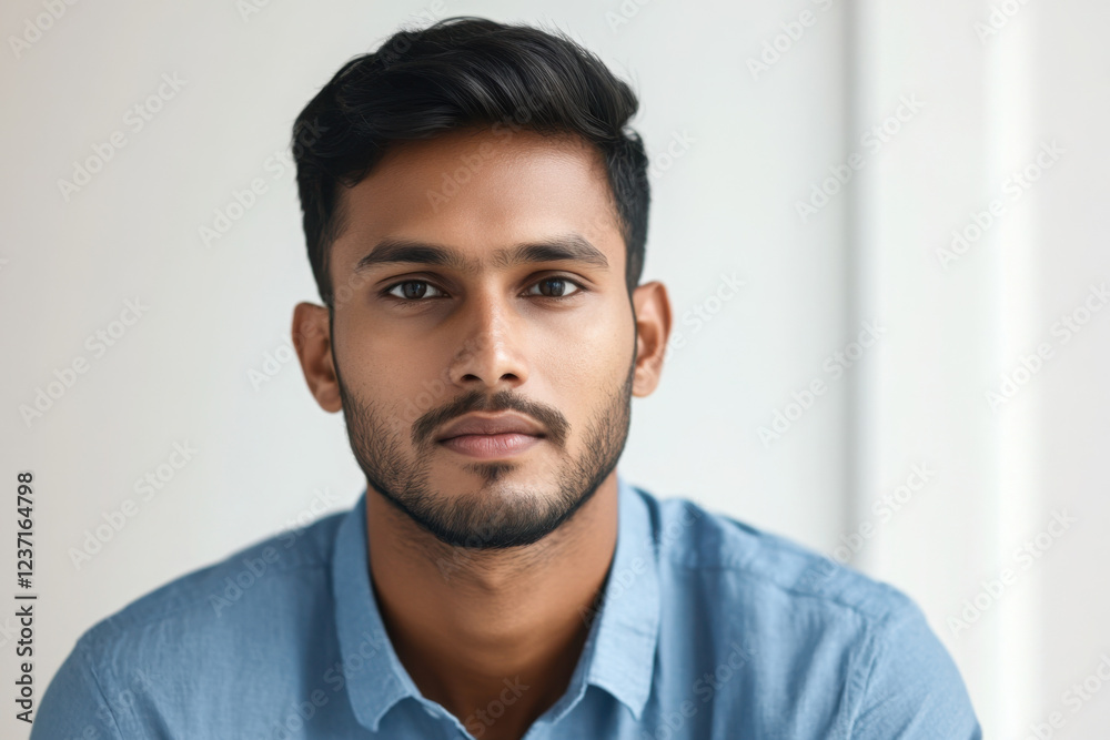 Obraz premium Young businessman. Head shot portrait profile picture at social media handsome bearded casual millennial man posing at home or in work office looking at camera feeling serious ambitious self confident