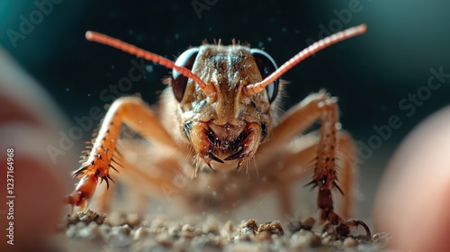 A striking macro shot of a grasshopper close-up, showcasing its intricate details, vibrant colors, and expressive antennae, capturing the essence of nature's small wonders. photo