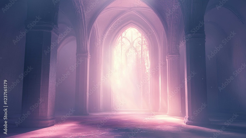 Ethereal Light Streaming Through Gothic Arches in Serene Space Ethereal Light Streaming Through Gothic Arches in Serene Space