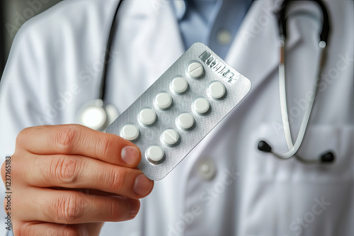 Male doctor's hand in a white lab coat with a stethoscope around his neck, holding a blister pack of white pills. Close-up. Generated AI