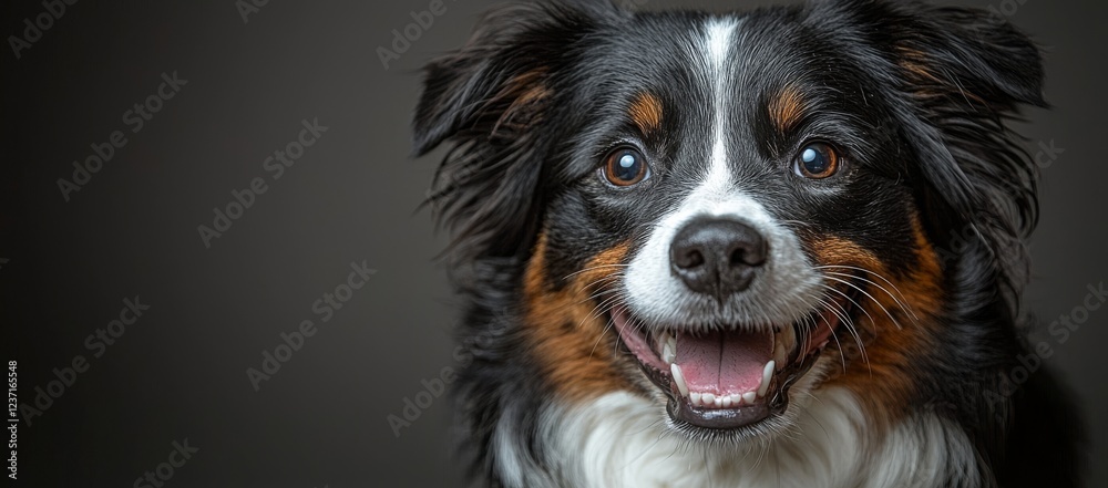 A banner-framed scene shows a grey striped tabby cat and a border collie dog, both expressing happiness, on a white background, looking directly at the camera A banner-framed scene shows a grey striped tabby cat and a border collie dog, both expressing happiness, on a white background, looking directly at the camera