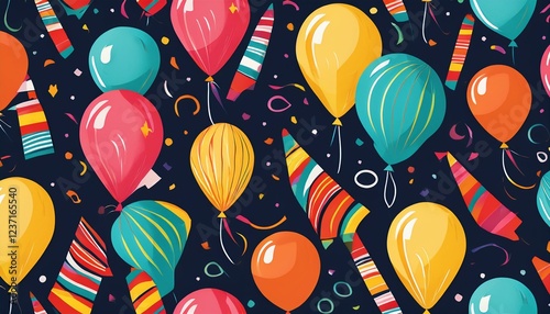 celebratory fiesta vibrant seamless pattern of party poppers confetti and balloons in flat design with dynamic angles and bold colors for energetic feel