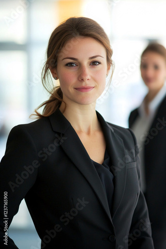 Free Download Confident young businesswoman in a suit with colleagues in the background, symbolizing professionalism, leadership, and teamwork in a corporate office setting - GFXLoad