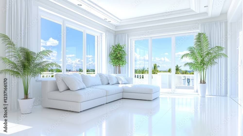 Fototapeta premium White sectional sofa sits in a bright, minimalist living room with large windows overlooking a sunny blue sky.