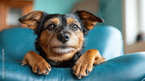 This captivating image showcases a dog resting thoughtfully on a blue armchair, emphasizing its keen expression and fur tones against a serene living space backdrop. photo