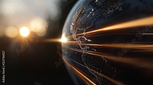 A globe planet depicted in 3D through digital dot geometry, accompanied by an abstract binary data stream. It encapsulates the idea of fast-moving technology, big data analysis, machine learning,