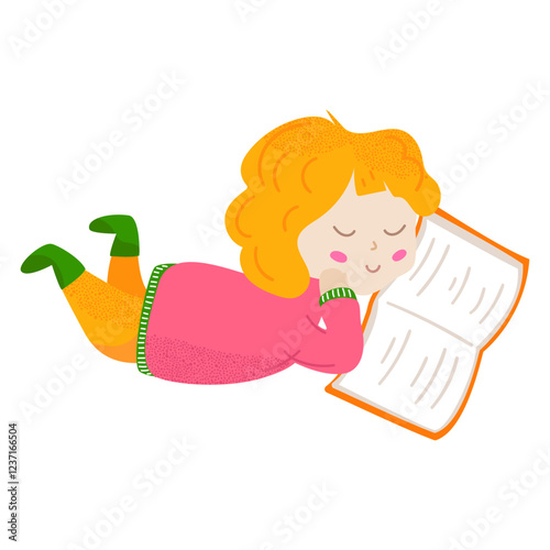 Little girl lies on the floor and reads book. Book reader. For children s books, educational materials and posters