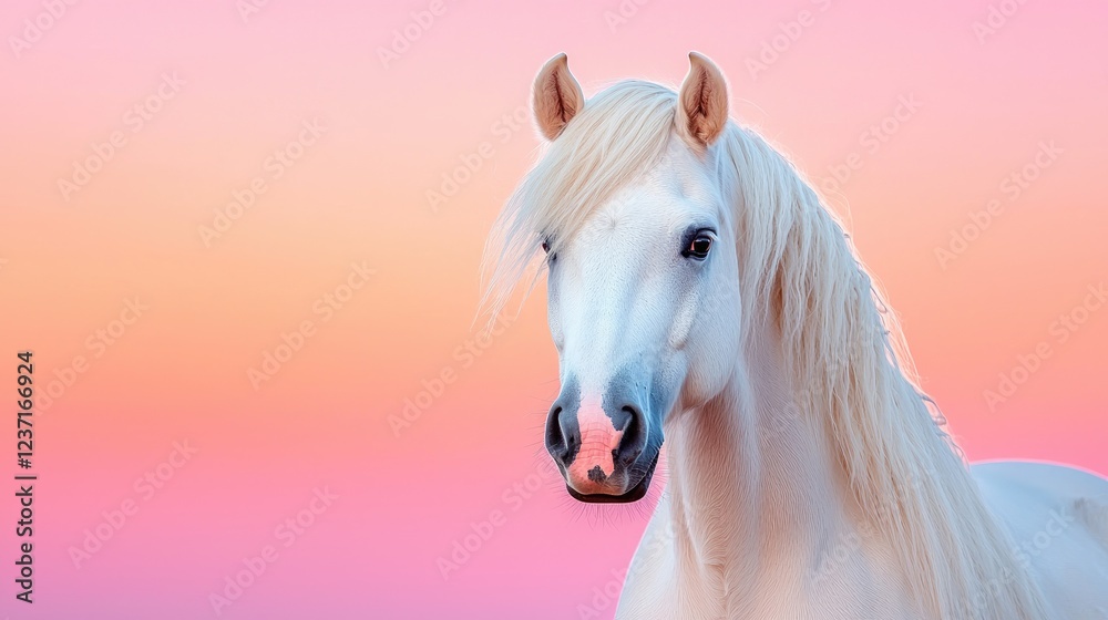 Obraz premium White horse portrait, sunset backdrop, peaceful equine beauty, website banner