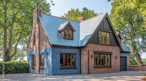A distinctive English brick and timber home painted in a unique palette of sky blue bricks with dark brown cladding photo