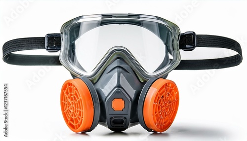 a close up view of a full face respirator mask with orange trim isolated on a white background on a clear or white background