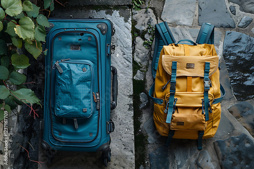 travel luggage display, a singular, sizable blue trolley bag and a yellow backpack placed beside one another in an open-air location photo