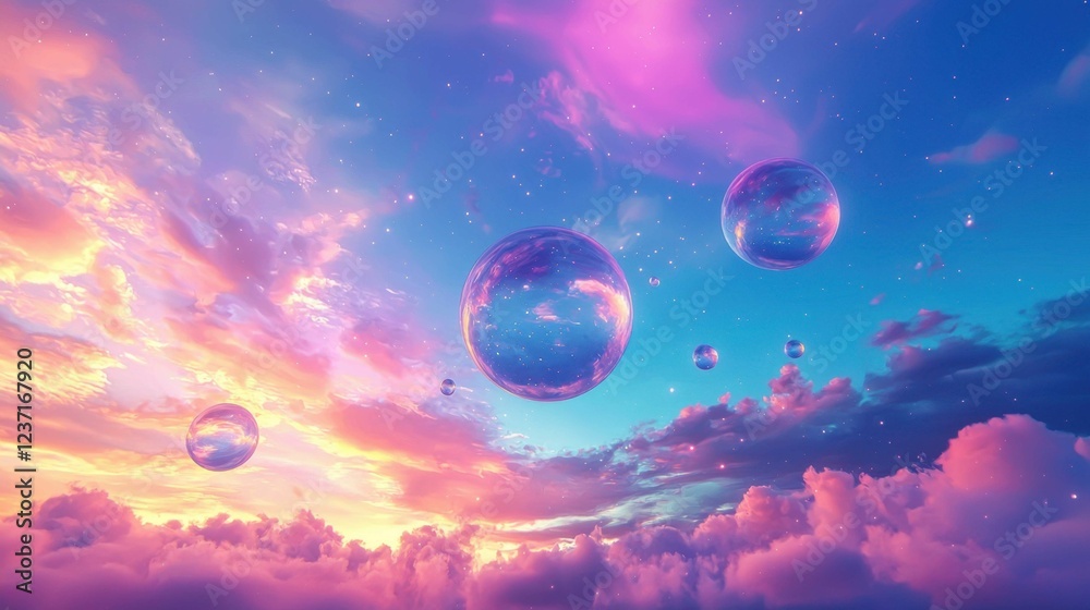 Colorful Sky with Bubbles and Clouds at Sunset in Dreamy Scene Colorful Sky with Bubbles and Clouds at Sunset in Dreamy Scene