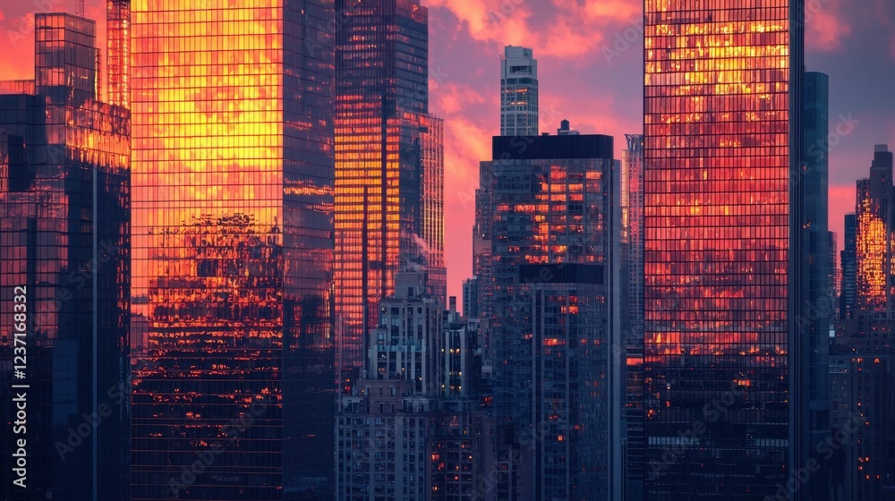 Sunset Reflection on Modern Skyscrapers in Urban Landscape Sunset Reflection on Modern Skyscrapers in Urban Landscape