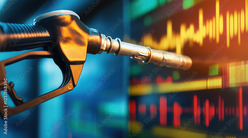 Fototapeta premium Gasoline Fuel Nozzle Dispensing Fuel, with a Blurred Background of Fluctuating Oil Price Graphs Representing Global Energy Market Trends