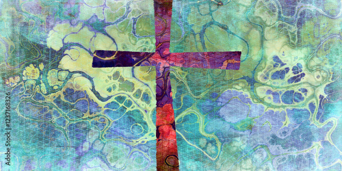 dark, colorful cross on marbled blue green with grid and texture effect