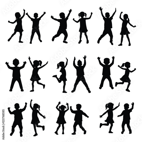 Happy children vector silhouette,Children kids silhouette set, vector silhouette of children,vector silhouette of played children
