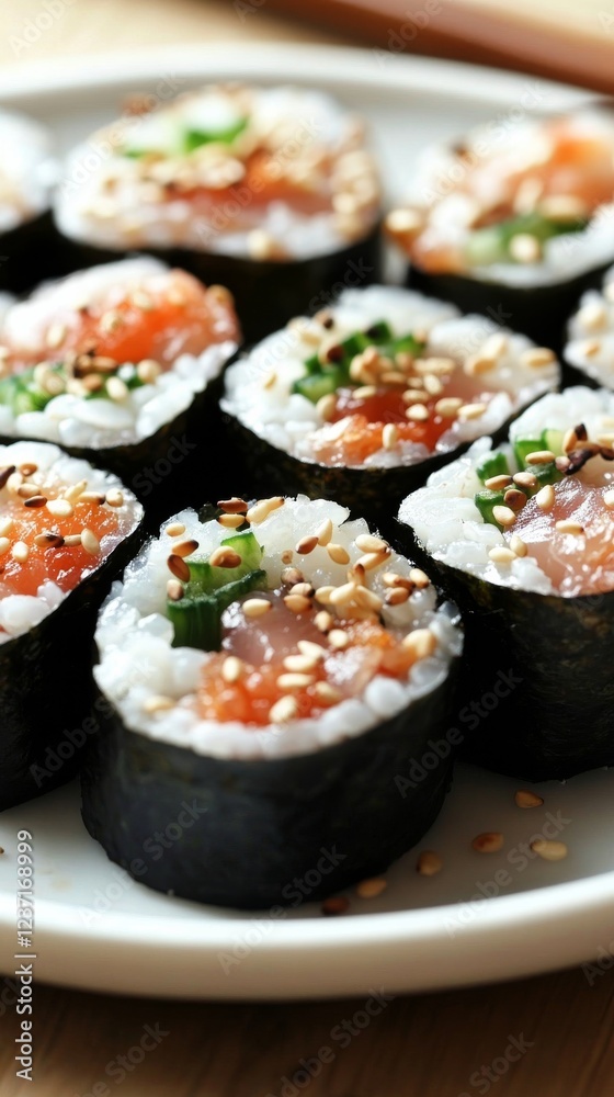 Delicious sushi rolls with salmon and cucumber on a plate during a casual meal gathering Delicious sushi rolls with salmon and cucumber on a plate during a casual meal gathering