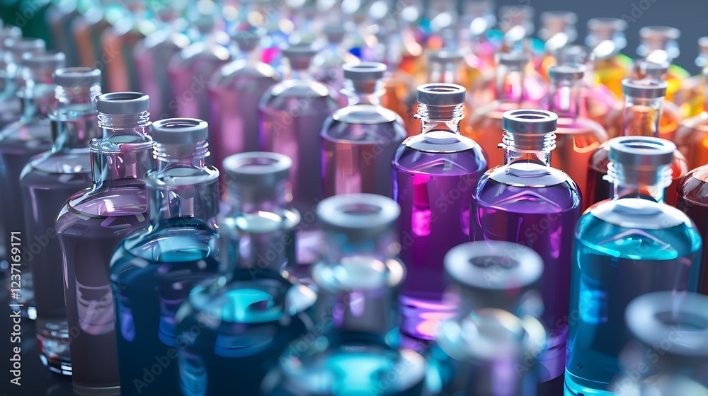Rows of reagent bottles with clear and colorful solutions Rows of reagent bottles with clear and colorful solutions