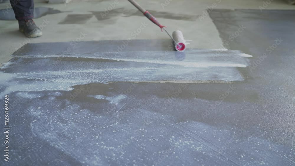 Professional construction worker applying white waterproofing membrane ...