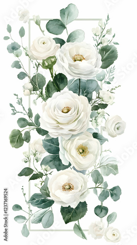 White and green wedding flowers arranged on an invisible rectangular frame in watercolor illustration  -