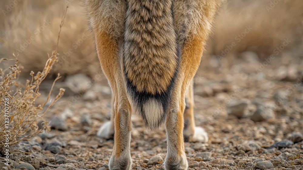 Coyote Tail and Back View in Natural Desert Habitat Landscape Coyote Tail and Back View in Natural Desert Habitat Landscape