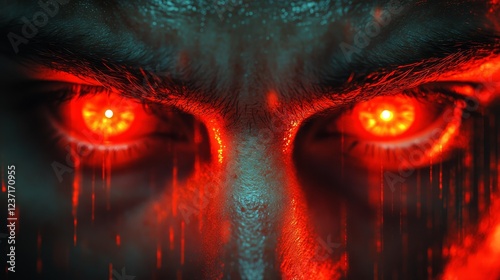 A man's face is lit up with red eyes, giving off a creepy and unsettling vibe photo