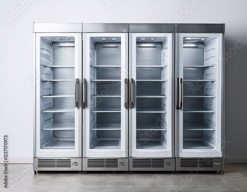 empty white double door commercial refrigerator ready for stocking on a clear or white background