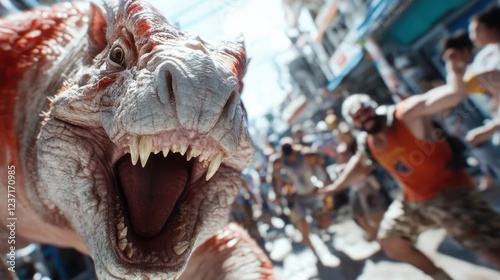 Fototapeta Naklejka Na Ścianę i Meble -  This dramatic image captures a roaring dinosaur amidst a bustling crowd, creating an exciting blend of fantasy and reality that evokes a sense of awe and wonder.