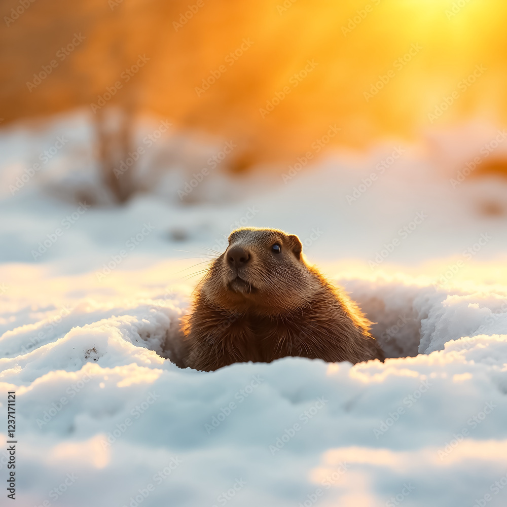 Obraz premium Macro image of a groundhog peeking out of a snowy burrow.