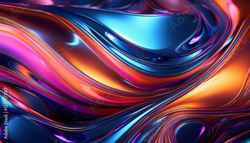 futuristic liquid chrome pattern with glowing gradients in neon orange cobalt blue and vivid pink for modern design projects