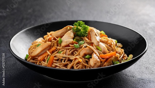 chicken chow mein in black plate on background